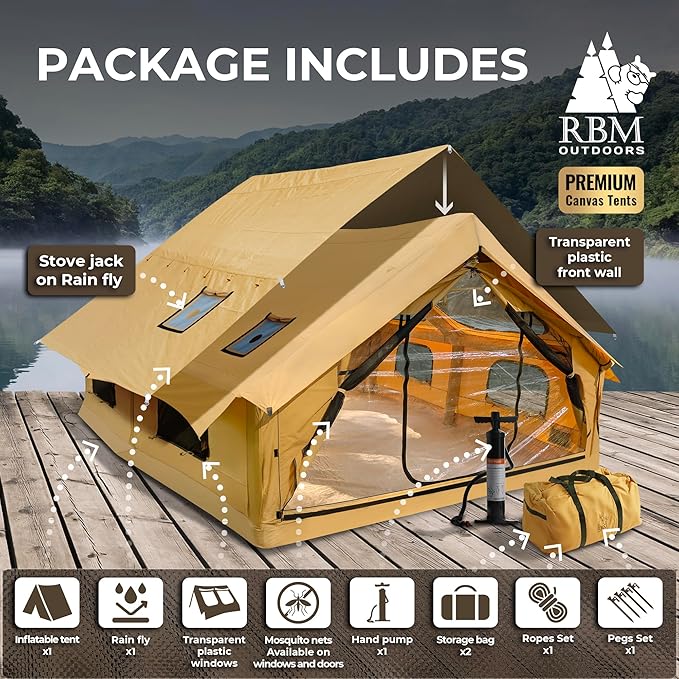 Panda Inflatable Tents for Camping with Stove Jack, Canvas Blow Up, Easy Setup Inflatable Tent, Waterproof Hot Inflatable Outdoor House, Casa de Campaña with Hand Pump