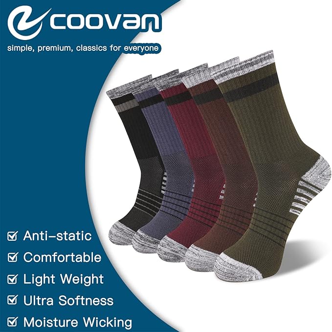 COOVAN Mens Hiking Crew Socks 5 Pairs Moisture Wicking Cushioned Athletic Boot Outdoor Socks