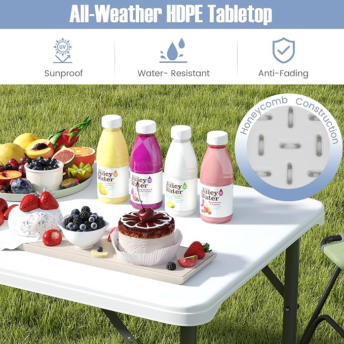 Goplus Portable 4 Foot Plastic Folding Table, 400 LBS Indoor Outdoor Heavy Duty Adjustable Folding Tables with HDPE Tabletop, Carrying Handle, Foldable Utility Card Table for Picnic, Camping, Dining