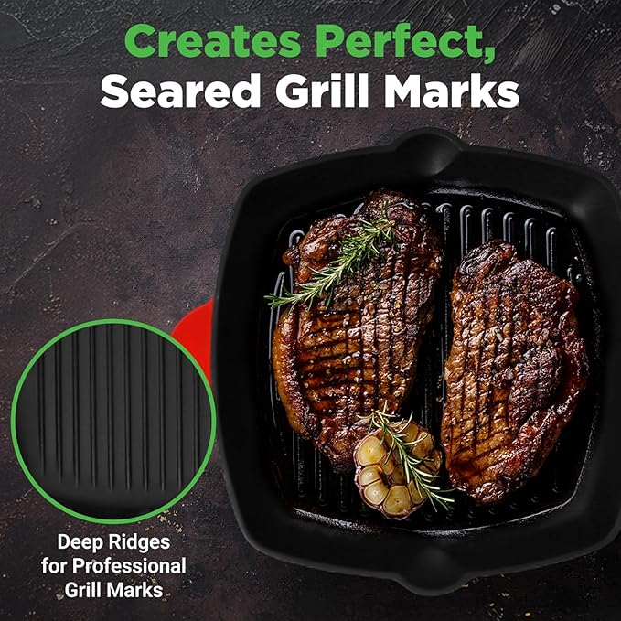 NutriChef 11" Enameled Cast Iron Steak Grill Pan - Square Skillet with Drip Spout, For All Cooktops, Perfect Grill Marks - NCCIES47