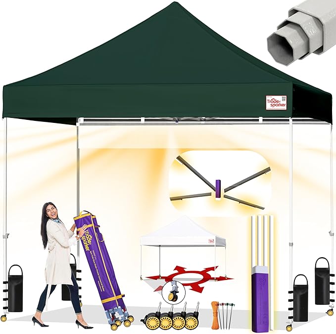 Tradesparker 8x8 Pop Up Canopy Tent,Easy up Commercial Canopy Tent Instant Shelter for Beach Events Parties Camping Market,Pop Up Canopies with LED Curtain+Casters+Weight+Stakes,Forest Green