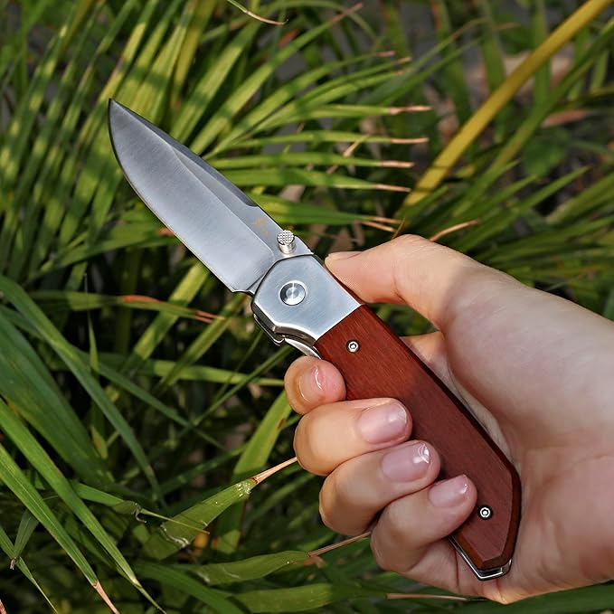 Small Folding Pocket Knife, Drop-Point D2 Blade, Sturdy Wooden Handle, Deep Carry Pocket Clip – Ideal for Camping, Hunting, Hiking & EDC, Gift for Women, Men