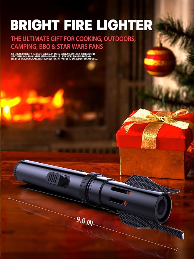 Bright Fire Torch Lighter Butane Refillable, Long Jet Flame Butane Lighter with Long Handle, Adjustable Windproof Lighters for Cooking Fireplace Camping BBQ Lighters Gift for Man (Without Fuel) Black