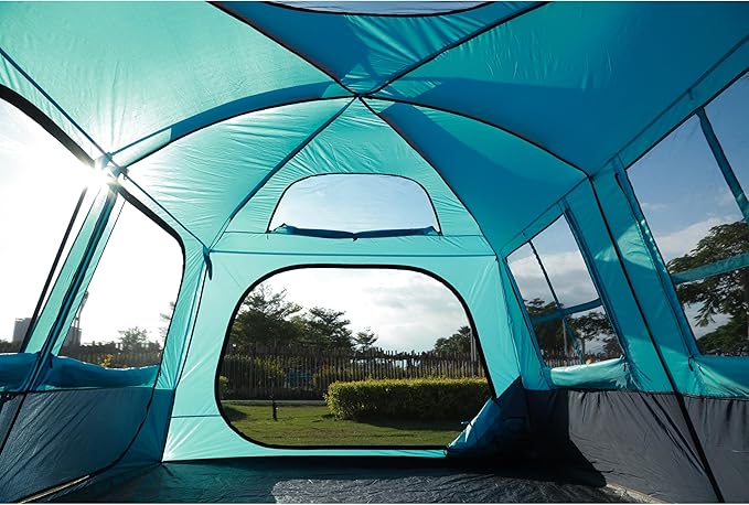 KTT Extra Large Tent 12 Person(A),Awning Family Cabin Tents,2 Rooms,3 Doors and 3 Windows with Mesh,Straight Wall,Waterproof,Double Layer,Big Tent for Outdoor,Picnic,Camping,Family Gathering。