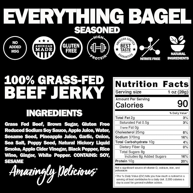 Field Trip Grass Fed Beef Jerky, Healthy Gluten Free Snacks, All Natural, Paleo-Friendly Meat Snacks, High Protein, Low Carb Snack with No Nitrates, 12oz Bag, Everything Bagel