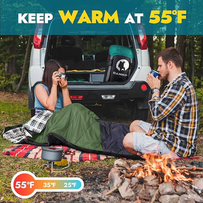 CANWAY Flannel Sleeping Bag for Adults & Kids - Camping & Backpacking - Cold & Warm Weather - Compression Sack