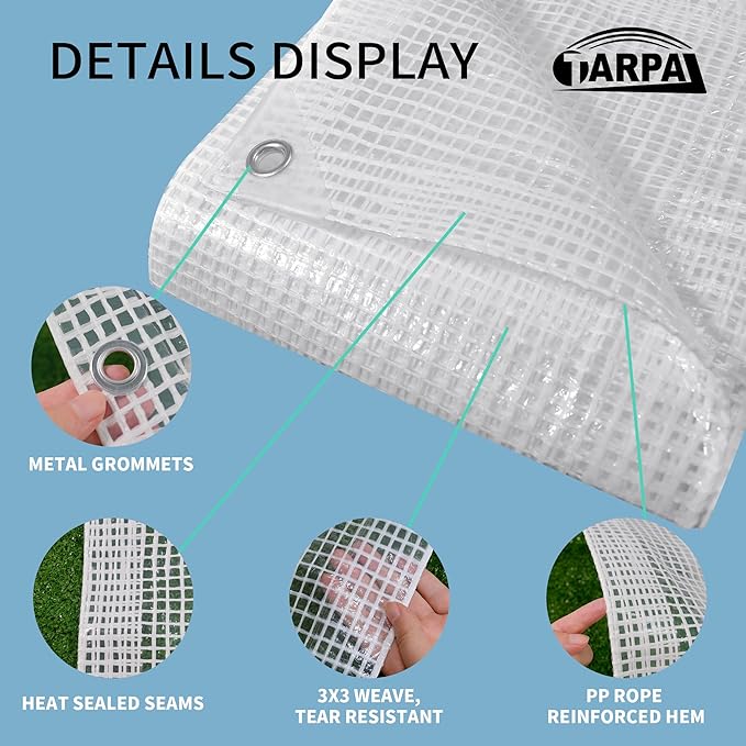 TARPAL 3'x6' Clear White Tarp Heavy Duty Waterproof 12mil with Grommets or Zip Ties for Small Greenhouse for Outdoors Garden,Farm,Chicken Coops