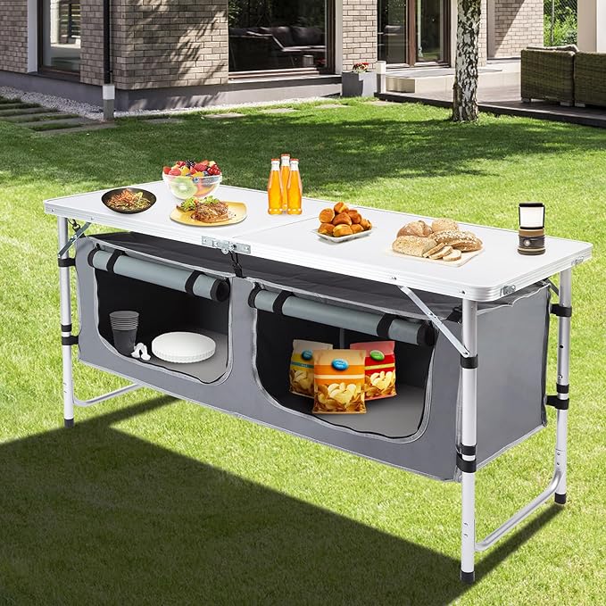 Outdoor Folding Camping Table with Storage Organizer, Portable Aluminum Composite Panel Lightweight Table, 3 Adjustable Height, for Indoor, BBQ, Party, Picnic, Hiking, Beach
