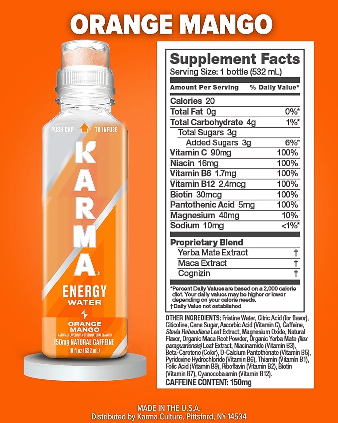 Karma Energy Drink – 12 Pack, Orange Mango Caffeinated Water with Cognizin® Nootropics, Vitamins & Immune Support, Low Calorie