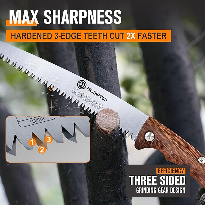 Folding Pruning Saw 7 Inch with Leather Sheath and Wenge Wooden Handle, SK5 Steel Blade, Foldable Hand Saw for Camping, Survival, Wood Cutting, Bushcraft and Tree Trimming