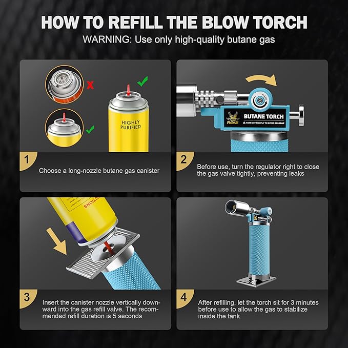 RAVS Butane Torch Lighter, Refillable Kitchen Torch with Safety Lock and Adjustable Flame, Creme Brulee Torch for Baking, BBQ, Blue Blow Torch for Cooking, Mens Gifts, Butane Gas Not Included