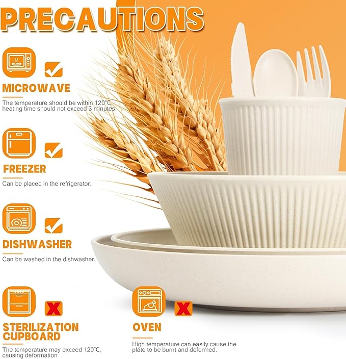 OAMCEG Wheat Straw Dinnerware Sets 42 Pcs, Plastic Wheatstraw Plates and Bowls Sets Kitchen Set for 6, Unbreakable Dishwasher Microwave Safe Dinnerware Dish, Kitchen Outdoor Camping Dishes, White