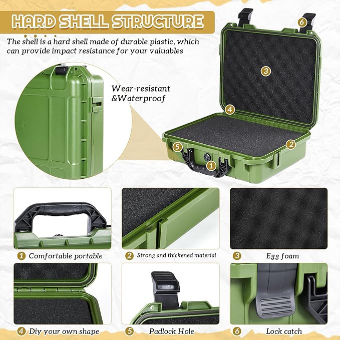14.3 x 11.4 x 4.5 Inch Waterproof Hard Case with DIY Customizable Foam Insert Portable Protective Case with Knife for Camera Drones Equipments Tools Test Instruments (Green)