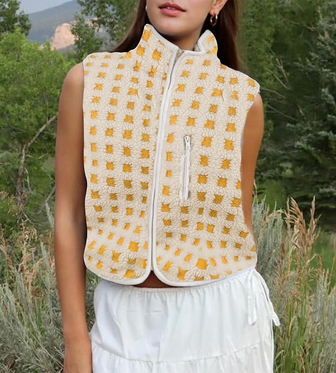 Colorful world Womens Checkered Sherpa Vest Fleece Jacket Lightweight Zip Up Sleeveless Crochet Plaid Gilet with Pocket