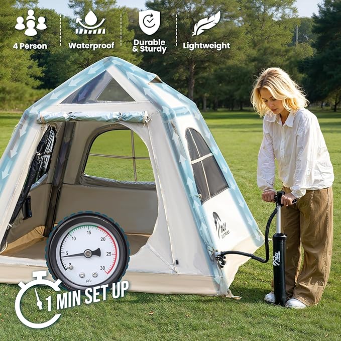 TAILI Inflatable Blow Up Tent for Camping with Hand Pump for 2/3/4/6 Person, Easy Setup Outdoor Inflatable Oxford Waterproof Air Tent House for Family Camping Adult
