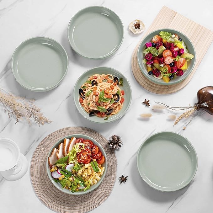 HaWare Pasta Bowls Set of 6, 33oz Large Salad Bowls for Home Kitchen, Ceramic Serving Plates for Soup, Cereal, Wide and Shallow Dinner Bowl, Microwave & Dishwasher Safe, Asparagus Green