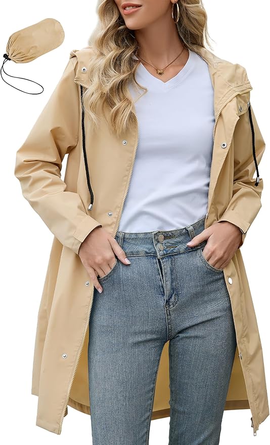 Zando Long Packable Rain Jacket Women Waterproof - Raincoat for Women Rain Coat with Hood Lightweight Outdoor Windbreaker