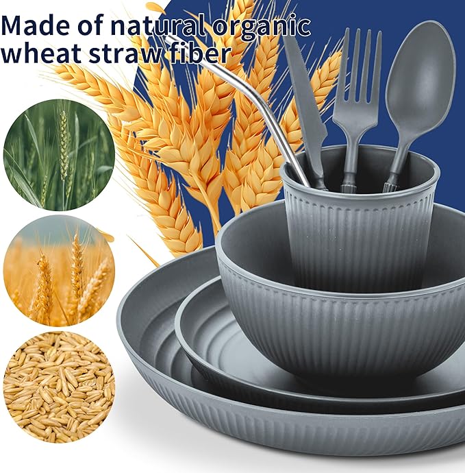 Wheat Straw Dinnerware Sets,56-Piece Plates and Bowls Sets for 8-Unbreakable,Reusable Plastic Dish Set-Dinner Plate/Cereal Bowl/Cup/Utensils-Microwavable Dishwasher Safe 56P-Deep Gray