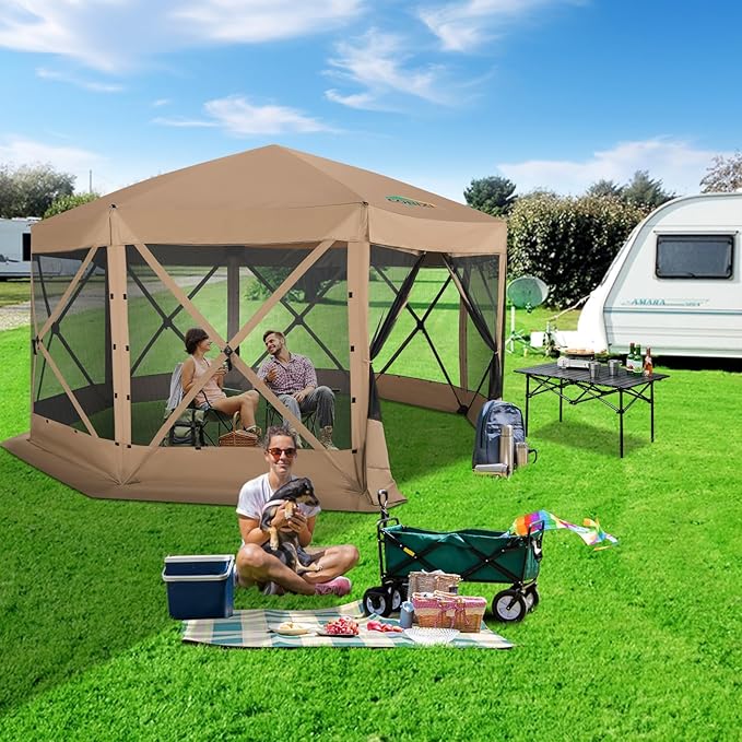 COBIZI 15x15ft Extra Large Pop Up Gazebo Canopy Tent with Mosquito Netting, Spacious Easy Set Up Screened Shelter, Durable Outdoor Pavilion with Ground Stakes, Perfect for Patio, Backyard,Khaki