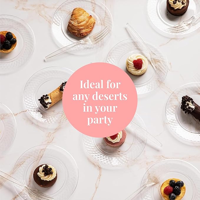 Prestee 200 Clear Dessert Plates - Disposable Heavy Duty, 6.25 Inch Elegant Wedding Cake Plates, Durable Round Party Plate for Appetizers and Events, Premium Small Plate for All Occasions