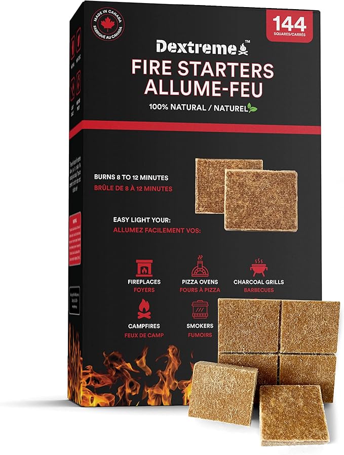 Dextreme Fire Starter Pack of 144/48 Natural Fire Starters Cubes for Campfires, Charcoal, BBQ, Grill Pit, Fireplace, Wood Stoves, Smokers and Camping - Easy to Ignite and Non Toxicโฆ (144 Squares)
