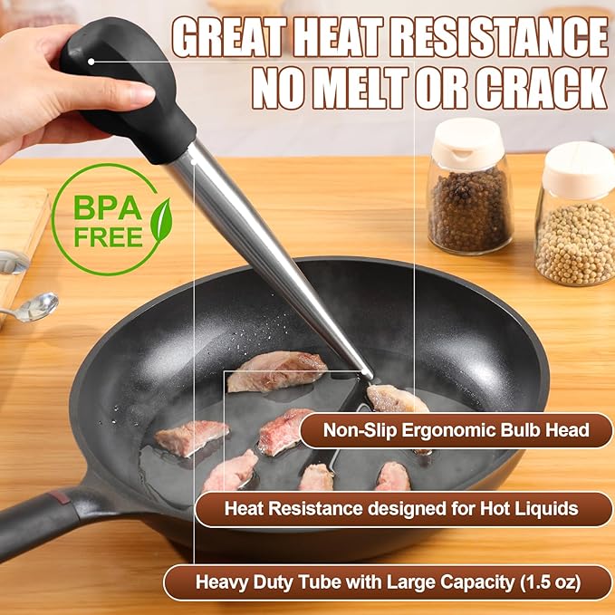 SCHVUBENR Large Turkey Baster with Cleaning Brush & Needle - Stainless Steel Baster Tool for Cooking - Easy to Use and Clean - Heavy Duty Baster Syringe - Flavor Meat Poultry, Beef, Chicken - Black