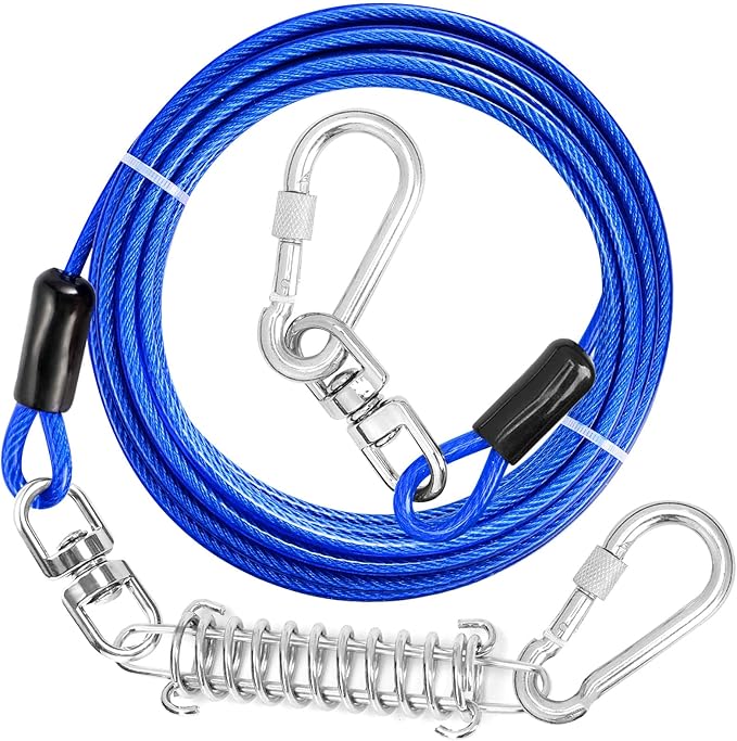 jenico Dog Tie Out Cable, 10/15/20/30/40/50/70/100/150FT Runner Cable with Swivel Hook and Shock Spring, Dog Leash Run Tether for Yard Outdoor and Camping,for Small to Medium Pets Up to 500 LBS