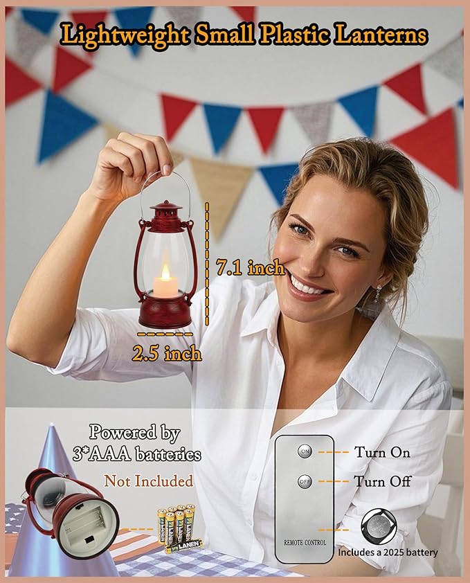 LLQ Small Red Lanterns Decorative with Remote, 7-inch Vintage Western Lanterns with Flickering LED Candle, Camping Decorations, Western Party Decorations, Christmas Centerpieces for Tables, 4-Pack