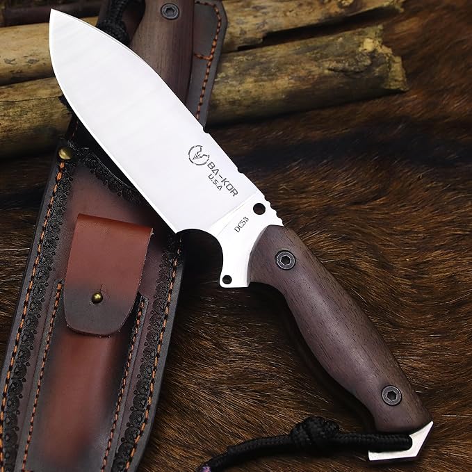 BA-KOR U.S.A 11 "DC53 Steel Hunting Knife & Sheath +4" Flint Fire Starter, Acidwood handle Jungle Survival Knife, Camping EDC tool knife