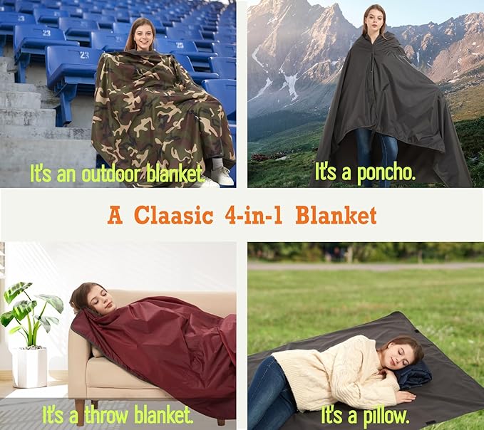 4-in-1 Large Camping Blankets - Waterproof, Windproof Fleece Outdoor Blankets for Stadium, Sports, Car, Concert - 81"x57", Portable (Antique Ruby)