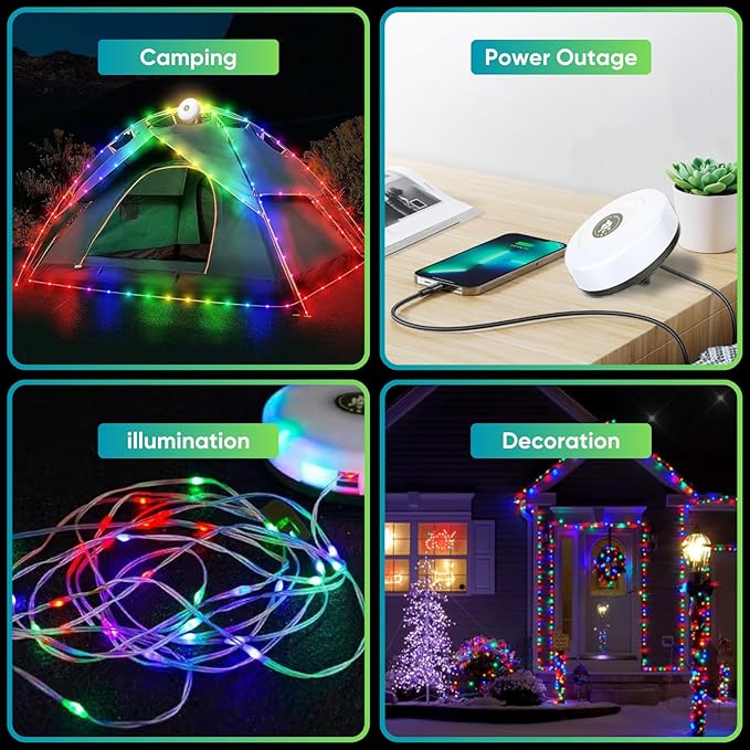Camping String Lights - Outdoor Rechargeable Camp Lamp with 5+3 Modes, Portable Retractable, Waterproof LED, 32.8 ft, Camping Essentials Accessories