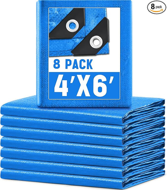 8 Pack 4 x 6 ft 5.5 Mil Small Tarps Heavy Duty Waterproof Tarp Multi Purpose Tent Cover for Home Boats Cars Camping Patio Furniture Roof Emergency Rain Protective Cover, Blue