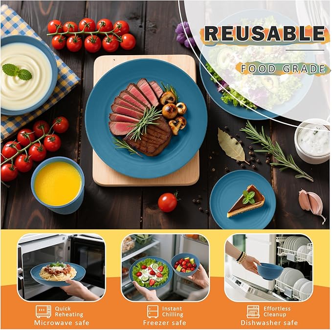 Wheat Straw Dinnerware Sets, 32 PCS Dishes Set for 8, Unbreakable Alternative Plastic Plates and Bowls Sets for Kitchen Outdoors RV Camping Patio, Dishwasher & Microwave Safe - Blue