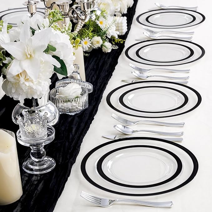 U-QE 120pcs Black Plates Disposable for Party - Clear Plastic Plates Disposable Heavy Duty - Include 60 10" Dinner and 60 7" Dessert Plate, Perfect for Halloween Party & Wedding