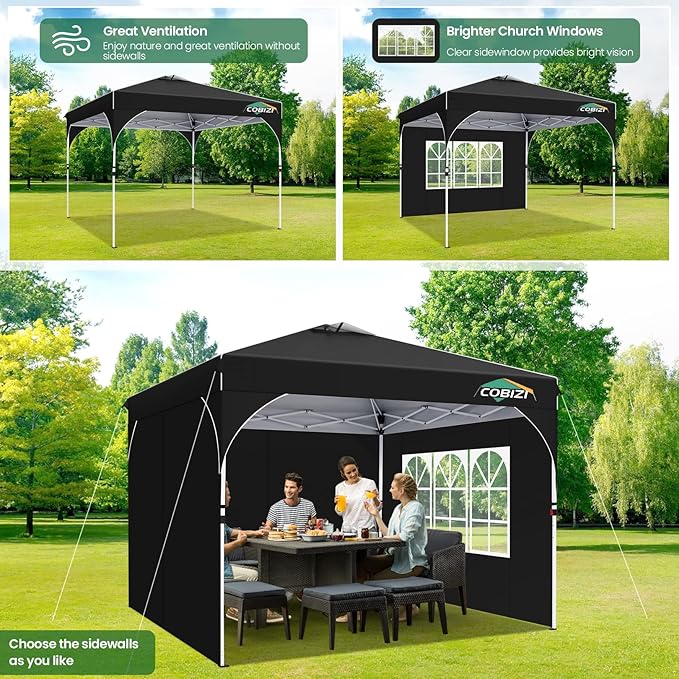 COBIZI 10x10 Pop Up Canopy Tent with 3 Removable Sidewalls & Air Vent | Waterproof Instant Setup 90s, Commercial-Grade Gazebo Tent for Camping/BBQ/Events | Includes Sandbags, Stakes & Ropes (Black)