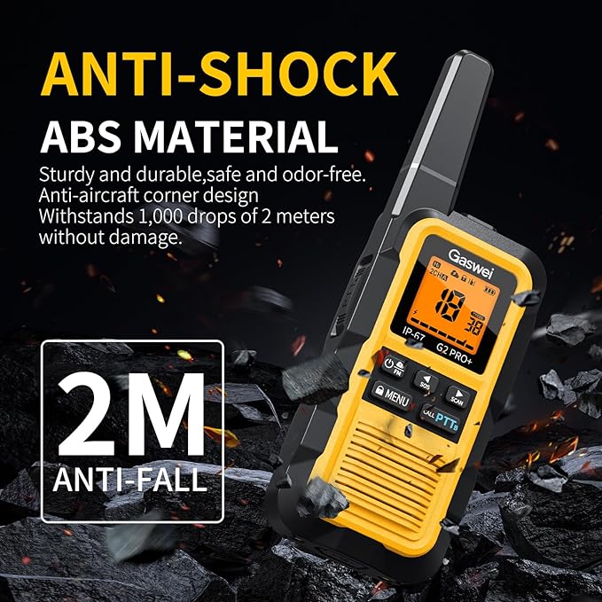 G2pro+ IP67 Waterproof Floating Walkie Talkies Long Range for Adults, Heavy Duty Walkie Talkie with Double PTT,FM Radio,SOS,NOAA Weather,VOX, Two Way Radio Rechargeable Battery(Yellow 6Pack)