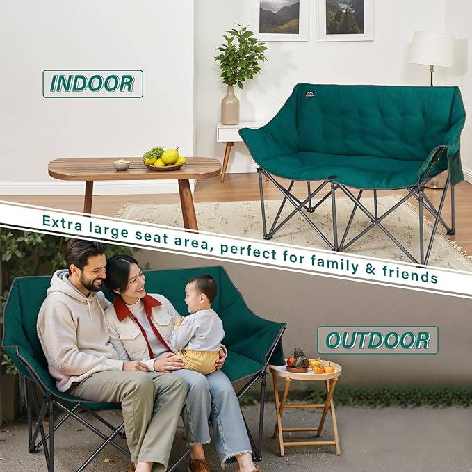 Fuzzy Oversized Folding Double Camping Chairs,Heavy Duty Supports 600 Lbs,Comfy Portable Loveseat for Adults w/Mesh Pocket,Plush Fleece-Lined Lawn Couch for Outdoor/Indoor,Dark Green