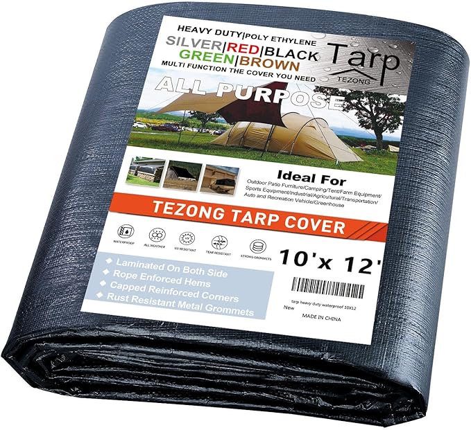 Tarps Heavy Duty Waterproof 10x12ft,TEZONG Black Poly Tarp 12Mil Multipurpose Tarpaulin Outdoor Cover for Emergency Rain,Patio Furniture,Roof,Camping,Car,Pool