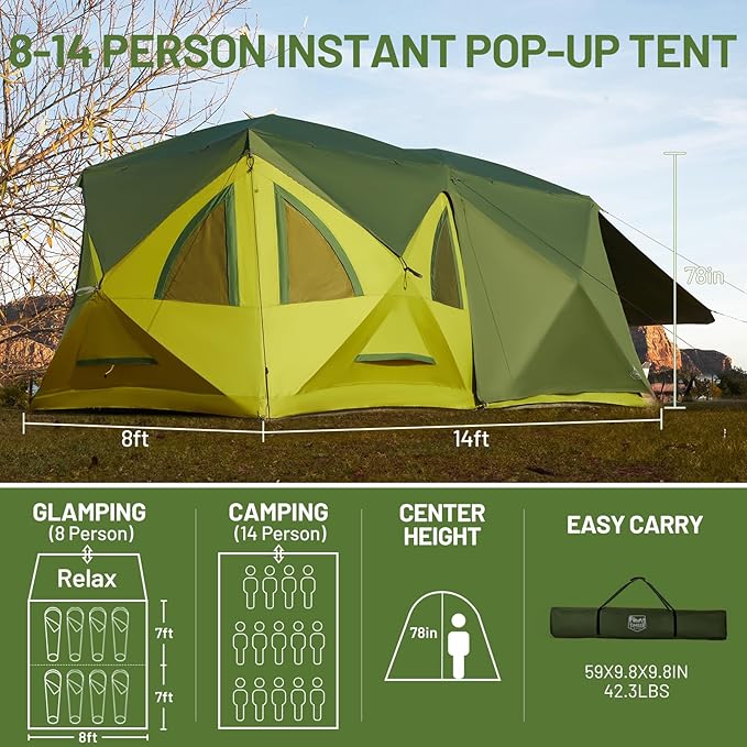 TIMBER RIDGE 4/6/8 Person Instant Pop Up Cabin Tent, Easy 60 Second Setup, Weather Resistant Camping Family Hub Tent with Rain Fly and Carry Bag for Outdoor Camping