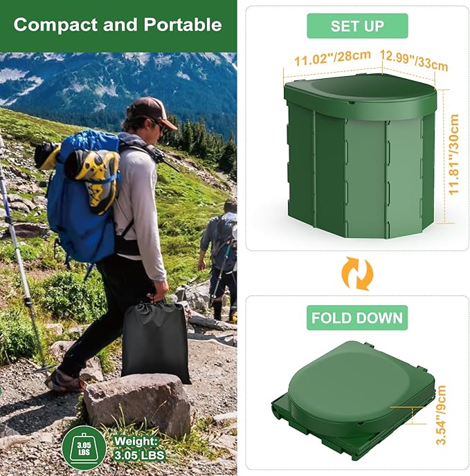 Portable Camping Toilet, Folding Toilet for Adults with Lid and Retractable Toilet Paper Holder, Waterproof Porta Potty with Carry Bag and Disposible Liners for Hiking, RV Travel, Road Trips, Green