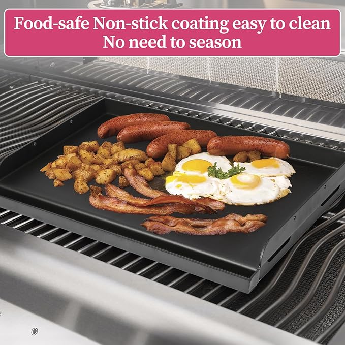 Universal 25" x 16" Nonstick Coating Grill Griddle for Gas Grill, Cast Iron Griddle for Charcoal, Gas Grills, Camping, Flat Top Plate Insert with Grease Groove and Removable Handles