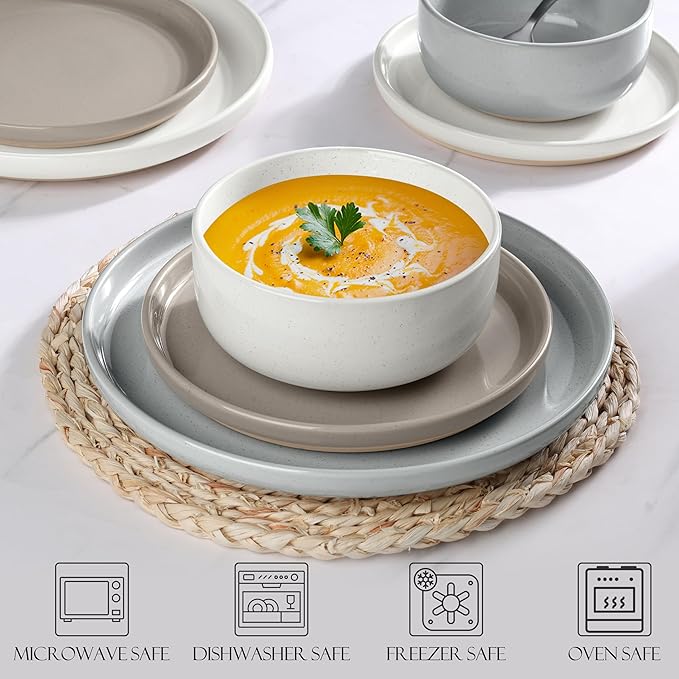 LIANYU Dinnerware Set for 6, 18PCS Dining Plates and Bowls Dishes for Kitchen Dining, Ceramic Dinner Set, Scratch Resistant & Dishwasher Safe, Assorted Colors