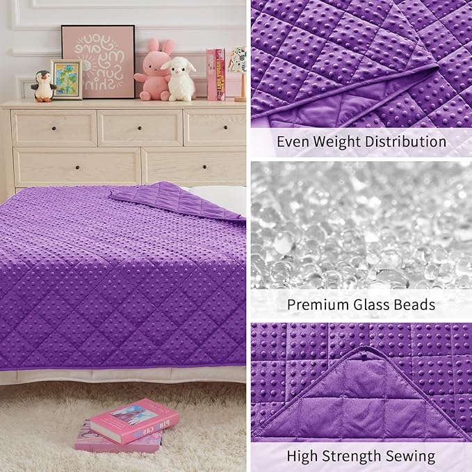 Weighted Blanket Kids (7lbs, 40"x60" Throw Size) - Breathable Minky Heavy Blanket for 60-90lbs with Premium Glass Beads - Soft Thick Blankets for All-Season Sleeping Comforter - Purple
