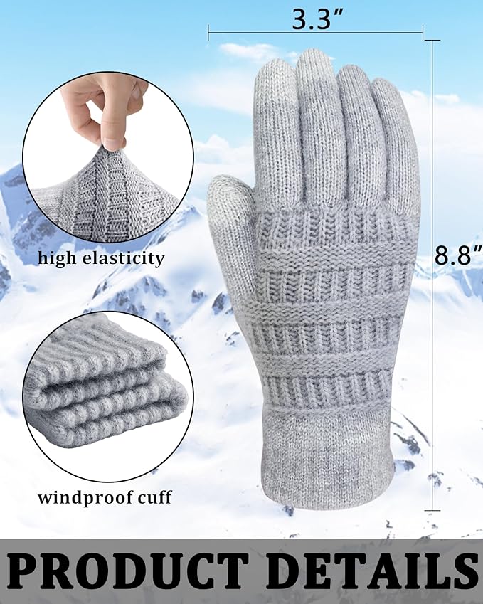 REACH STAR 2 Pairs Winter Gloves for Women - Upgraded Touch Screen Warm Knit Gloves Cold Weather, Soft Fleece Lining Elastic