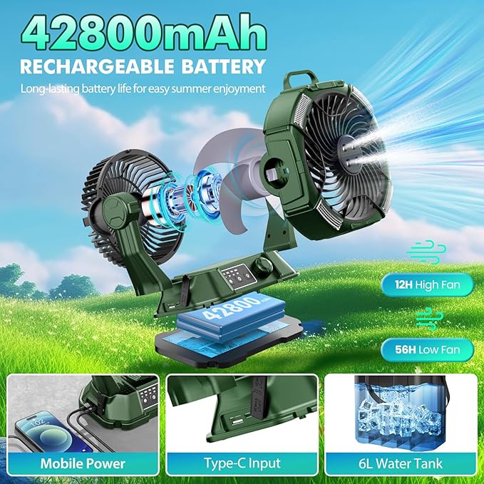 Misting Fan Portable 42800mAh Rechargeable Camping Fan with Remote Control, 3 LED Light & Stepless Speed Control & Cooling Spray with 6L Bucket, Timer Function, Portable Handle, Rotating Hanging Hook