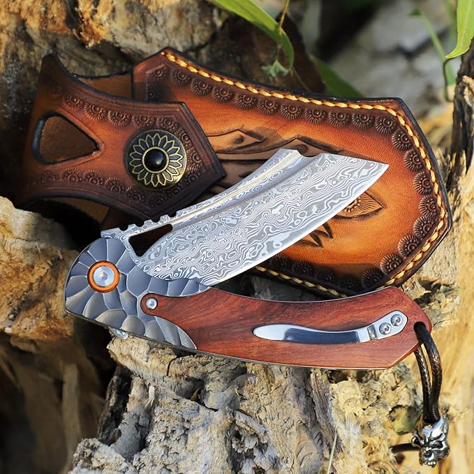 men's pocket knife Damascus Steel Handmade Folding Knife,3.5 in blade rosewood handle,with leather case ,Liner Lock Steel ball bearings,pocket clip ,EDC Camping Outdoor Survival Knife