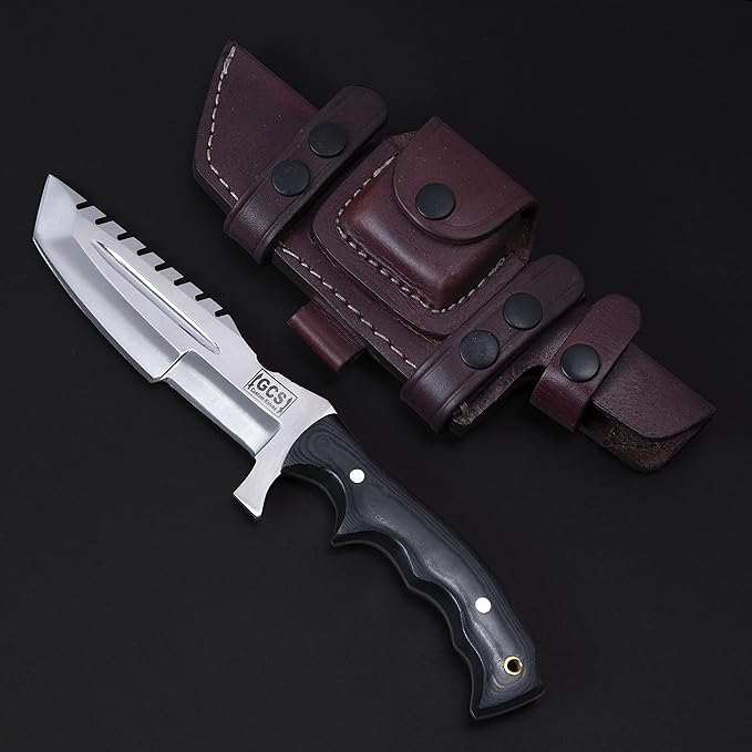 GCS Handmade D2 steel Hunting Knife G10 Handle Fixed Blade Knife Right Hand Scout Carry Buffalo leather Sheath and Sharpening Stone for Hunting Camping Survival and EDC