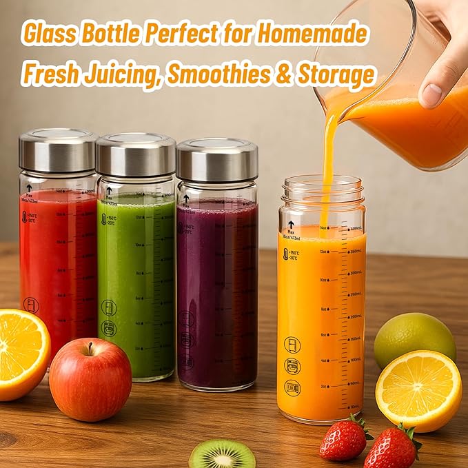 12oz Glass Water Bottles with Lids, 6 Pack Reusable Wide Mouth Juice Bottles with Stainless Steel Caps, Leakproof Borosilicate Glass for Juicing, Smoothies & Storage, BPA-Free,Dishwasher Safe