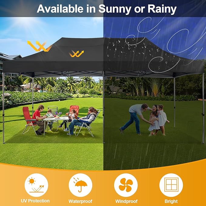 COBIZI 10x20 Pop Up Canopy Without Sidewall,Heavy Duty Canopy UPF 50+ All Season Wind Waterproof Commercial Outdoor Wedding Party Tents for Parties Canopy Gazebo with Roller Bag(10 x 20 ft Black)