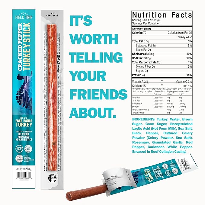 Field Trip Free Range Cracked Pepper Turkey Jerky Snack Sticks, Keto, Paleo, Gluten Free, Allergy Friendly Snack, High Protein, 70 Calorie Snack, 1oz, 10 Pack